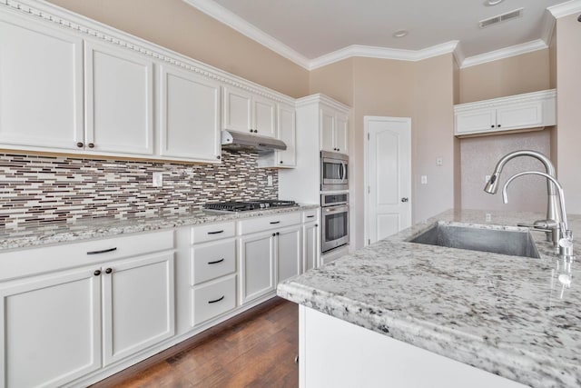 kitchen with visible vents, dark wood-type flooring, under cabinet range hood, appliances with stainless steel finishes, and a sink