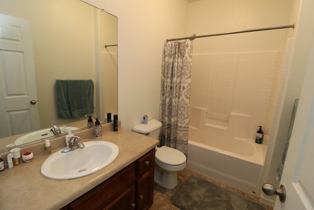 bathroom featuring vanity, shower / tub combo, and toilet