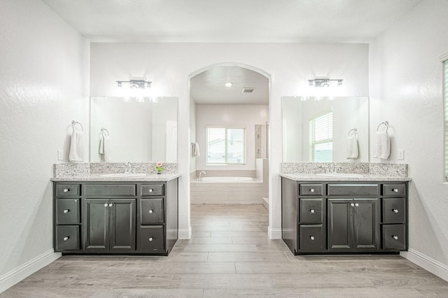 full bathroom featuring a bath, wood finished floors, and a sink