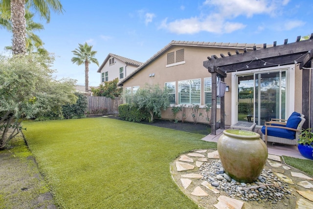 view of yard featuring a pergola, a patio, and fence