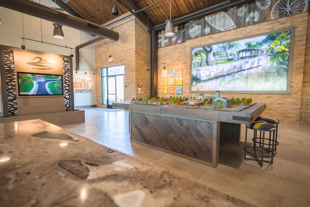 bar with wooden ceiling and a towering ceiling