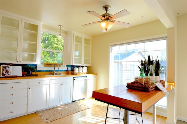 kitchen with a wealth of natural light, a sink, glass insert cabinets, and stainless steel dishwasher