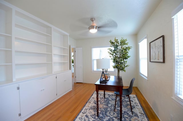 home office featuring light wood-type flooring and a ceiling fan