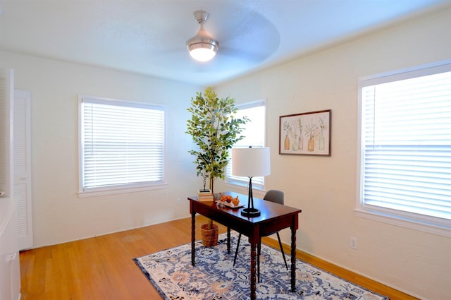 office area featuring a ceiling fan and light wood-type flooring