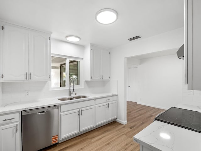 kitchen with a sink, visible vents, stainless steel dishwasher, and white cabinets