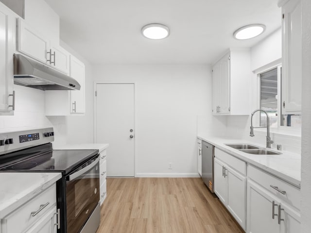 kitchen featuring tasteful backsplash, under cabinet range hood, light wood-style flooring, appliances with stainless steel finishes, and a sink