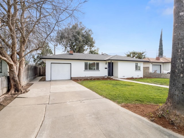 single story home with stucco siding, driveway, fence, an attached garage, and a front yard