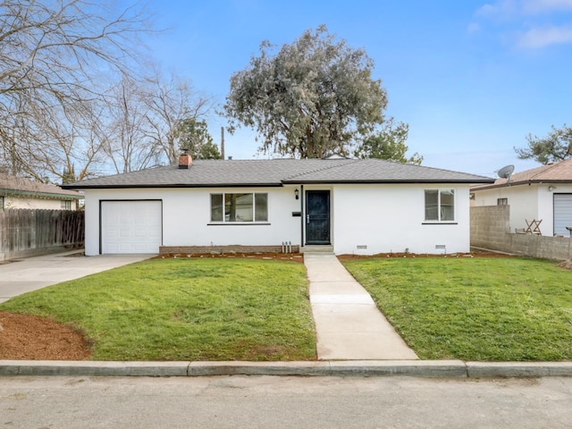 single story home with fence, concrete driveway, stucco siding, crawl space, and an attached garage