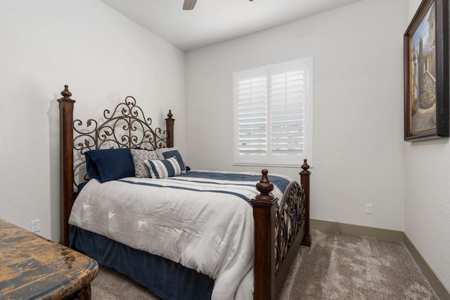 bedroom with carpet flooring, ceiling fan, and baseboards