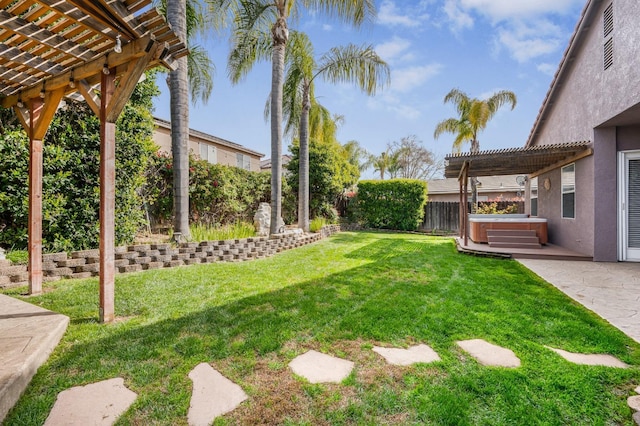 2565 Powers Ave, Clovis, CA 93619 - view of yard featuring a patio, a pergola, a fenced backyard, and a hot tub