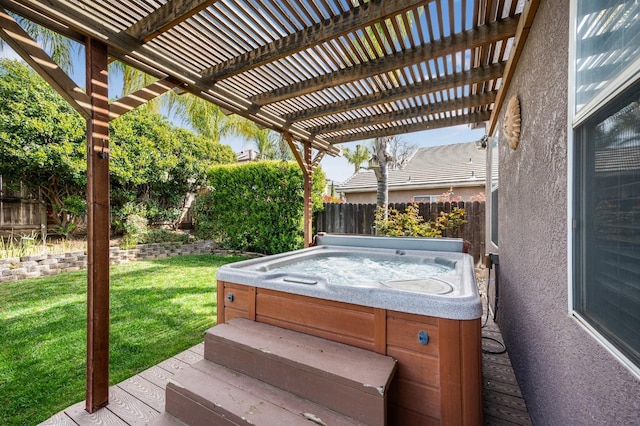 2565 Powers Ave, Clovis, CA 93619 - wooden terrace with a pergola, a hot tub, fence, and a lawn