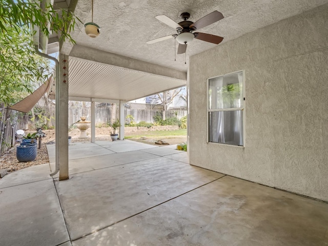 view of patio / terrace featuring a ceiling fan and a fenced backyard