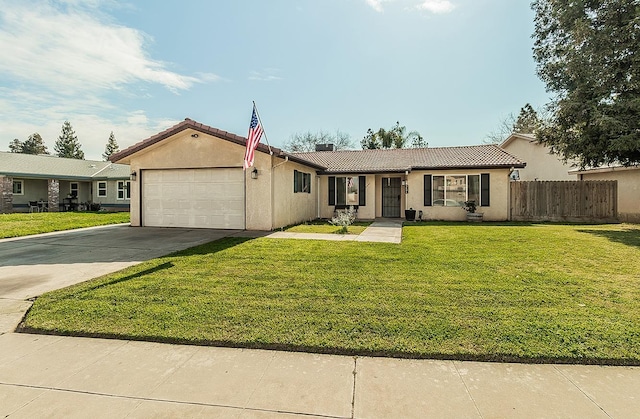 single story home with fence, a tiled roof, concrete driveway, stucco siding, and an attached garage