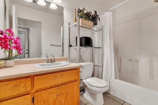 bathroom with vanity, tile patterned floors, toilet, and shower / bathtub combination with curtain