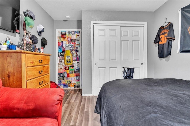 bedroom with wood finished floors and a closet