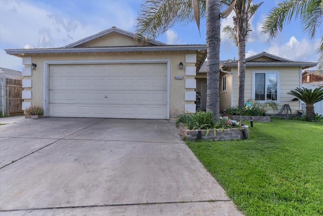 ranch-style house with stucco siding, driveway, an attached garage, and a front yard