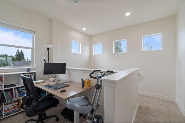 home office featuring recessed lighting, carpet, and baseboards