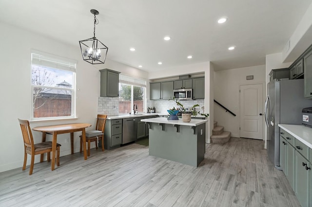 kitchen with decorative backsplash, light countertops, a kitchen island, and stainless steel appliances