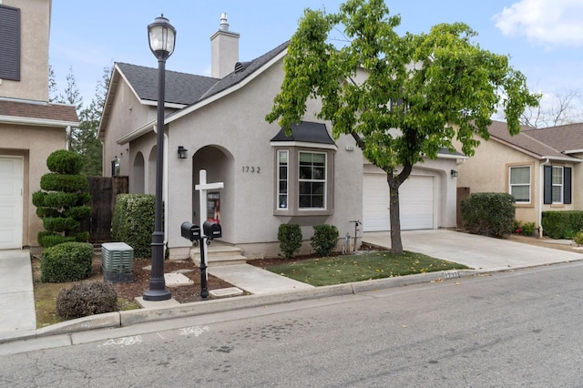 view of front of house featuring stucco siding, driveway, a chimney, and a garage