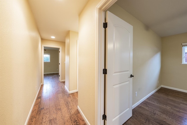 hall with baseboards and wood finished floors