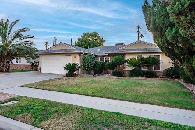 ranch-style house with stucco siding, driveway, a front yard, a garage, and brick siding