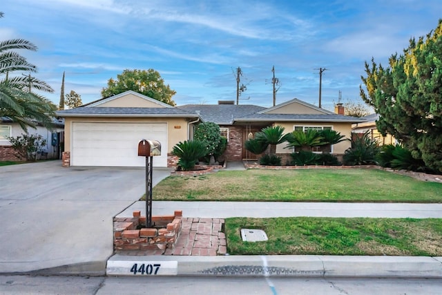 ranch-style home with brick siding, a front lawn, concrete driveway, stucco siding, and a garage