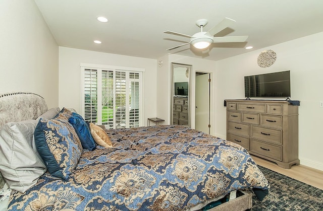 bedroom with baseboards, recessed lighting, light wood-type flooring, and ceiling fan