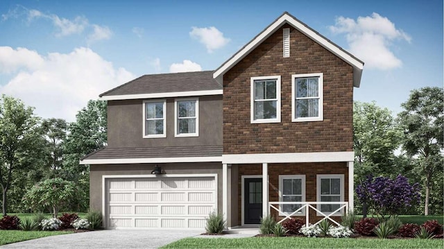 view of front of house featuring stucco siding, concrete driveway, and an attached garage