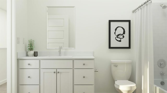 bathroom with toilet, vanity, and shower / bath combination with curtain