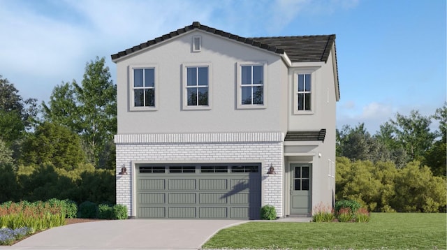 view of front of property with a front yard, driveway, stucco siding, a garage, and brick siding