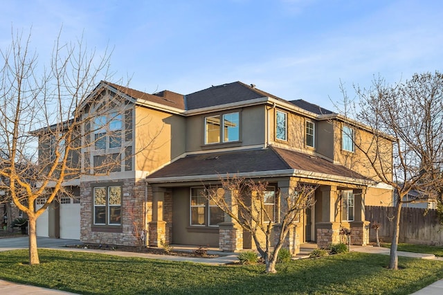 view of front of home featuring fence, stucco siding, concrete driveway, a garage, and stone siding