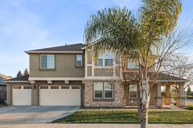 1410 Azalea St, Kingsburg, CA 93631 - view of front of property with stucco siding, driveway, stone siding, an attached garage, and a front lawn