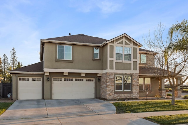 view of front of home featuring stucco siding, stone siding, an attached garage, and driveway