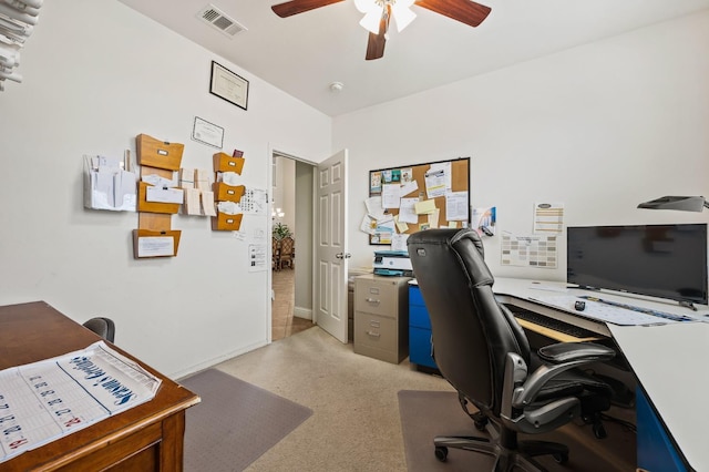 office area featuring visible vents and a ceiling fan