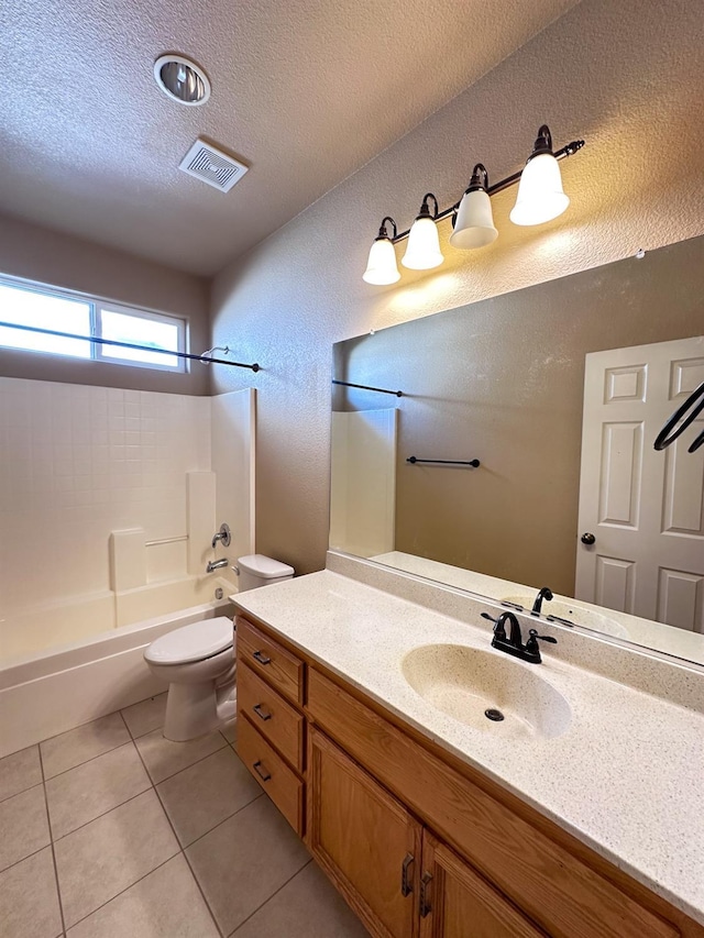 full bath featuring visible vents, shower / tub combination, a textured ceiling, tile patterned floors, and toilet