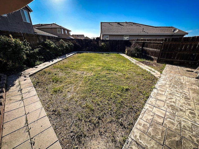 view of yard featuring a patio area and a fenced backyard