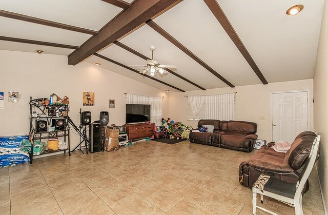 living room with lofted ceiling with beams and a ceiling fan