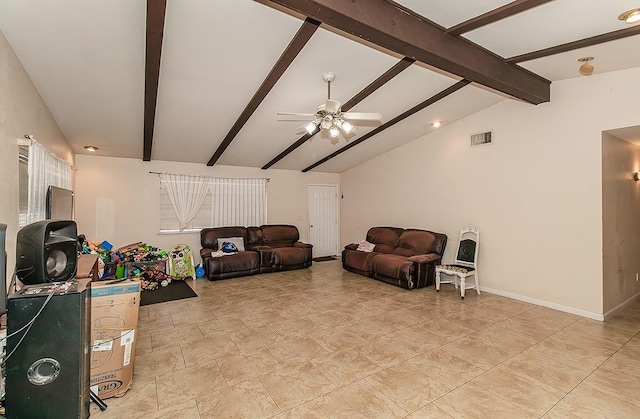 living area with visible vents, baseboards, a ceiling fan, and vaulted ceiling with beams