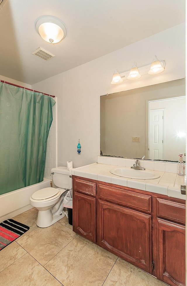 bathroom featuring visible vents, toilet, shower / bath combo, tile patterned flooring, and vanity