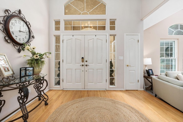 foyer with baseboards, a high ceiling, a healthy amount of sunlight, and wood finished floors