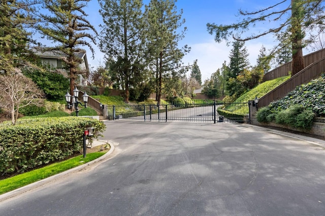 view of street featuring a gated entry, curbs, and a gate