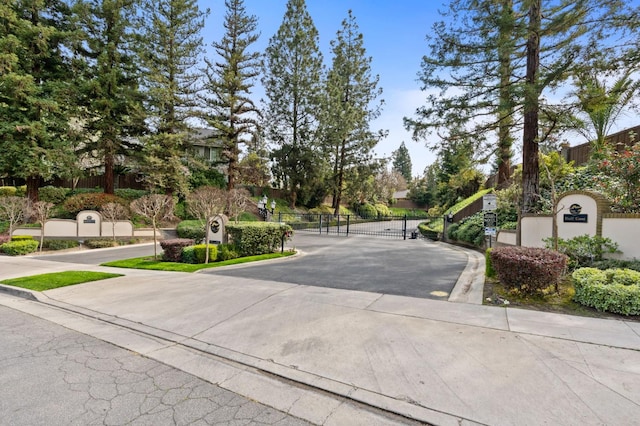 view of road with curbs, a gated entry, and a gate