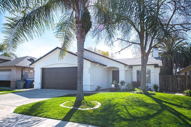 ranch-style house featuring stucco siding, a front lawn, an attached garage, and fence