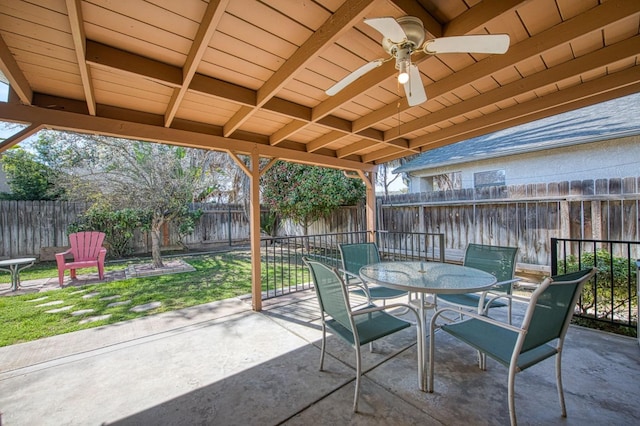 view of patio / terrace featuring ceiling fan, a fenced backyard, and outdoor dining space