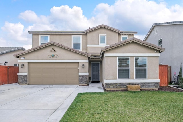 traditional-style home with fence, driveway, stucco siding, a front lawn, and stone siding