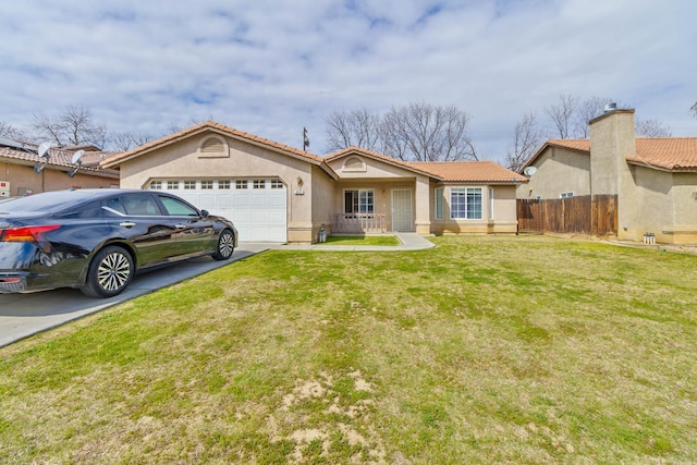 single story home featuring a garage, driveway, stucco siding, and a tile roof