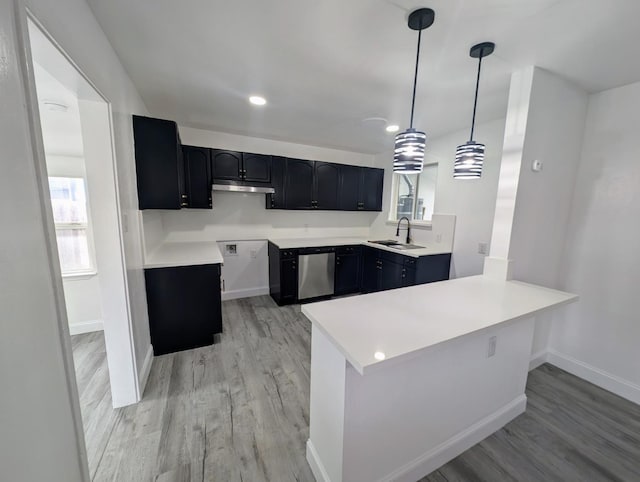 kitchen featuring a sink, under cabinet range hood, stainless steel dishwasher, light wood-style floors, and a peninsula