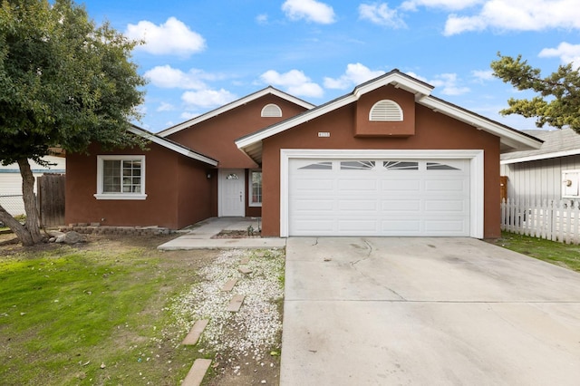 ranch-style house with concrete driveway, fence, a garage, and stucco siding