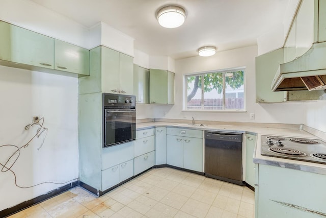 kitchen featuring under cabinet range hood, black appliances, a sink, and light countertops