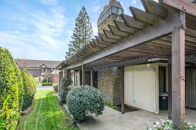 view of property exterior with stone siding and a pergola